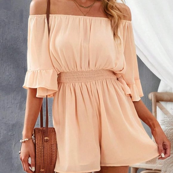 Apricot Boho Womens Shirred Detail Off Shoulder Flounce Sleeve Romper - Picture 4 of 5